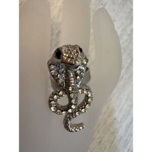 Vintage Silver Tone Rhinestone Cobra Snake Ring Coiled Serpent Clear Crystal 6.5